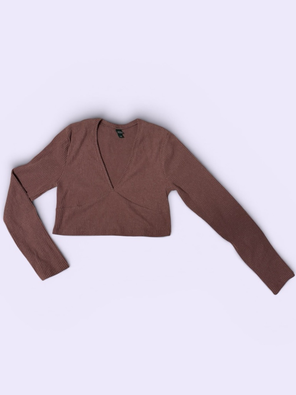 wild fable Ribbed V-Neck Cropped Long-Sleeve Top in Mauve